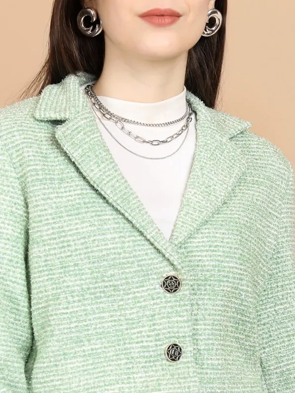 Tokyo Talkies Women Green Blazer With Skirt