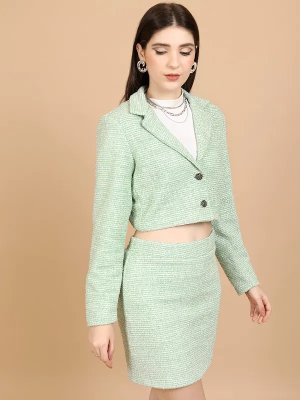 Tokyo Talkies Women Green Blazer With Skirt