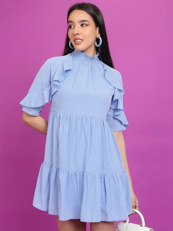 Tokyo Talkies Women Blue Self Design A-Line Dress