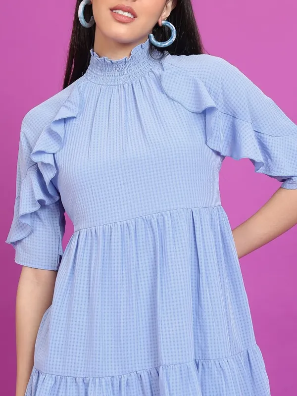 Tokyo Talkies Women Blue Self Design A-Line Dress