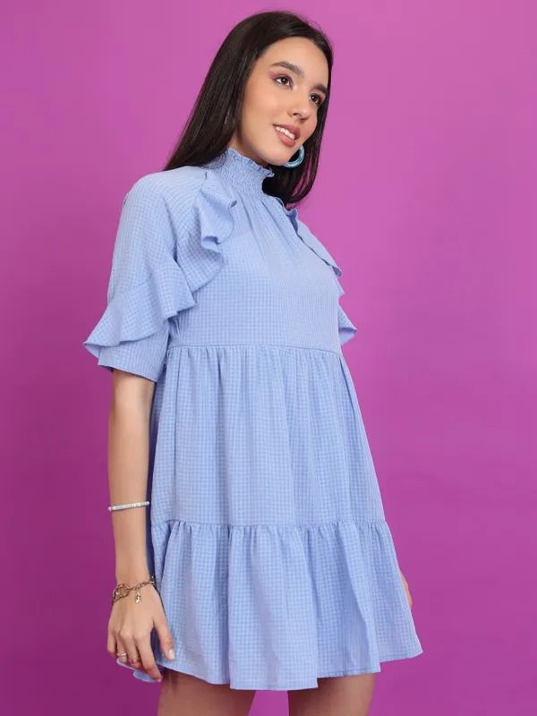 Tokyo Talkies Women Blue Self Design A-Line Dress