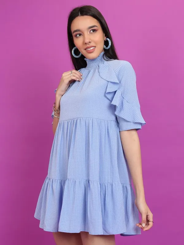 Tokyo Talkies Women Blue Self Design A-Line Dress