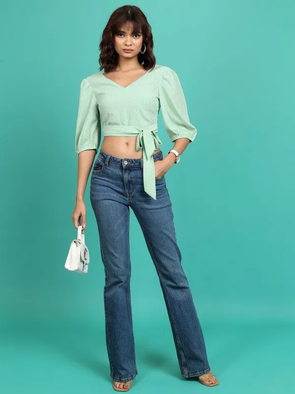 Tokyo Talkies Women Green Checked Wrap Top