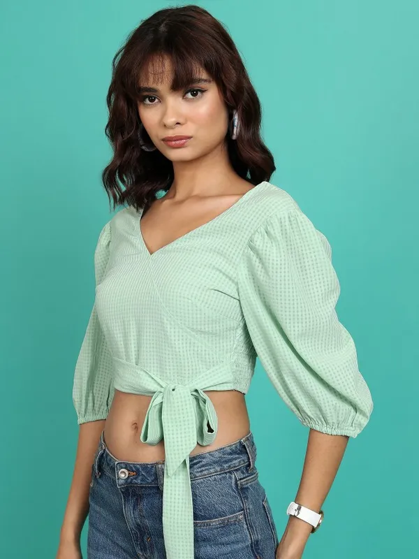 Tokyo Talkies Women Green Checked Wrap Top