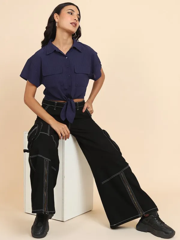 Tokyo Talkies Women Navy Blue Self Design Shirt Style Top