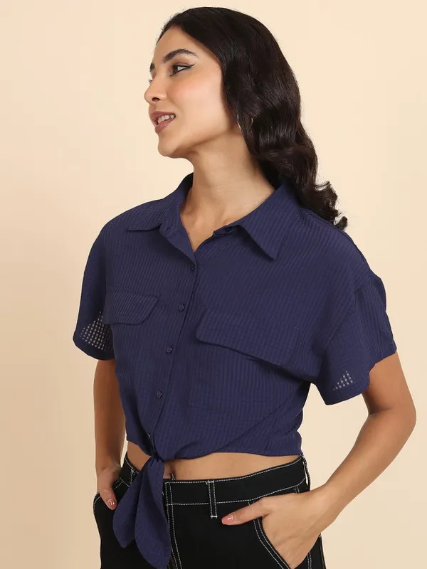 Tokyo Talkies Women Navy Blue Self Design Shirt Style Top