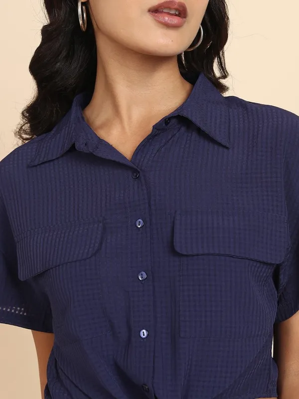 Tokyo Talkies Women Navy Blue Self Design Shirt Style Top