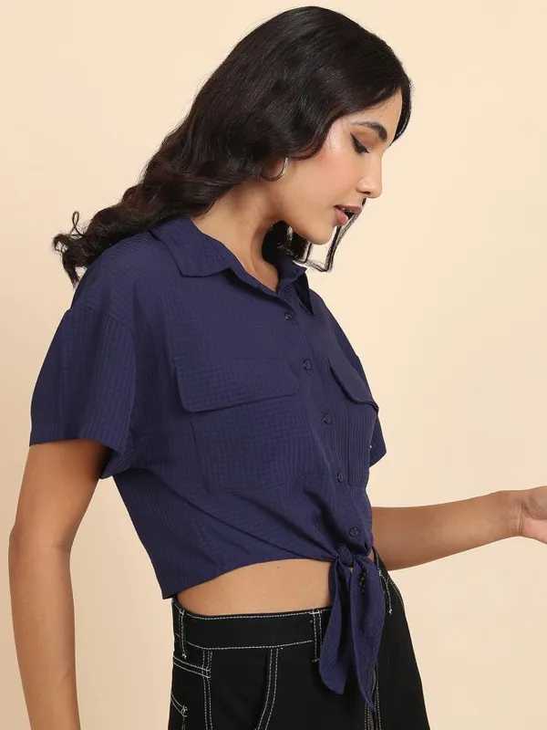 Tokyo Talkies Women Navy Blue Self Design Shirt Style Top