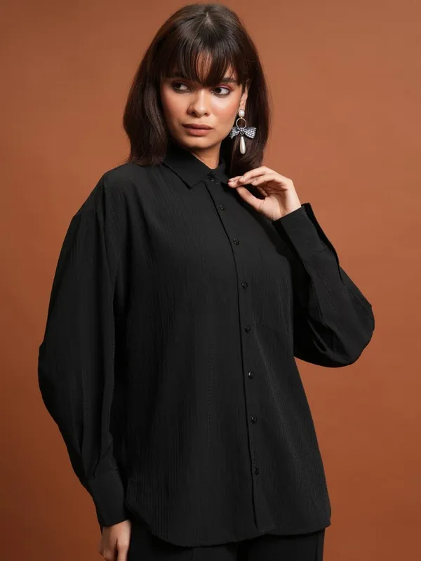  Tokyo Talkies Women Black Self Design Casual Shirts