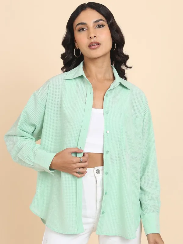 Tokyo Talkies Women Green Checked Oversized Fit Casual Shirt