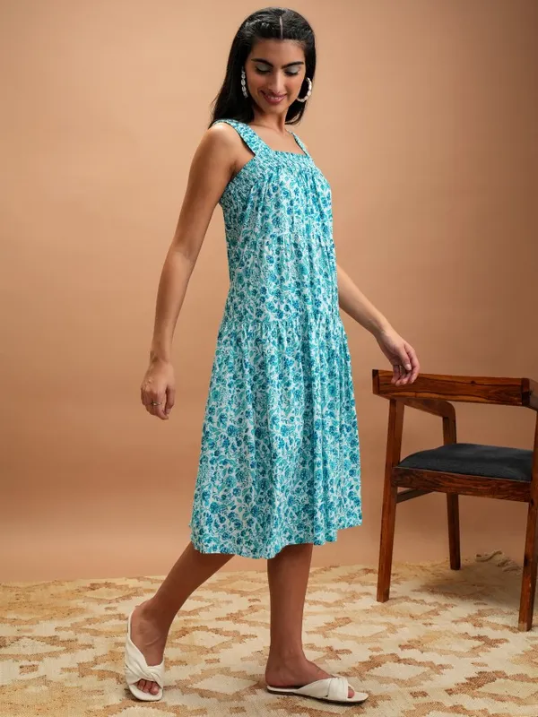 Vishudh Women Turquoise Printed A-Line Dresses