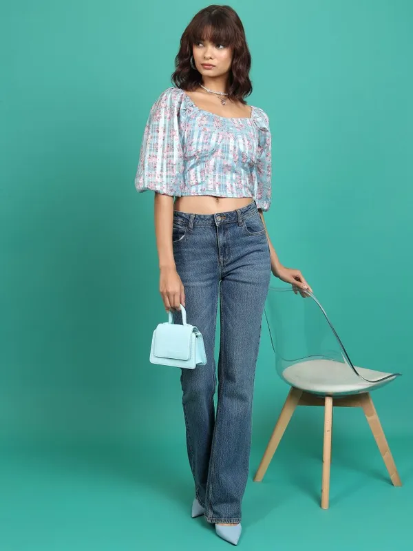  Tokyo Talkies Women Blue Printed Regular Tops