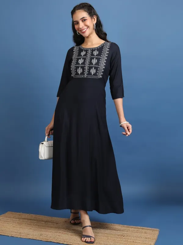 Vishudh Women Navy Blue Embroidered Maxi Dresses