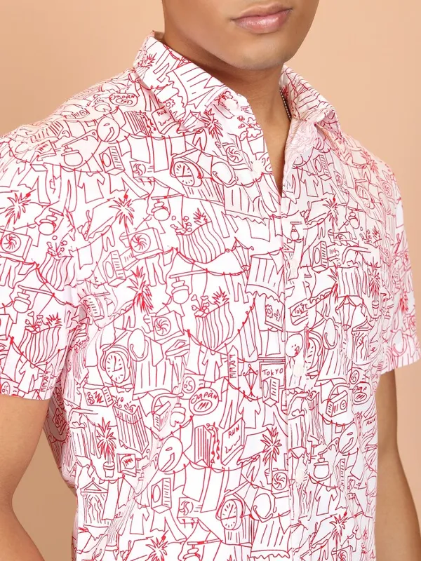  Highlander Men White Printed Slim Fit Casual Shirts