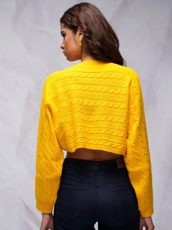 Tokyo Talkies Women Yellow Round Neck Sweater