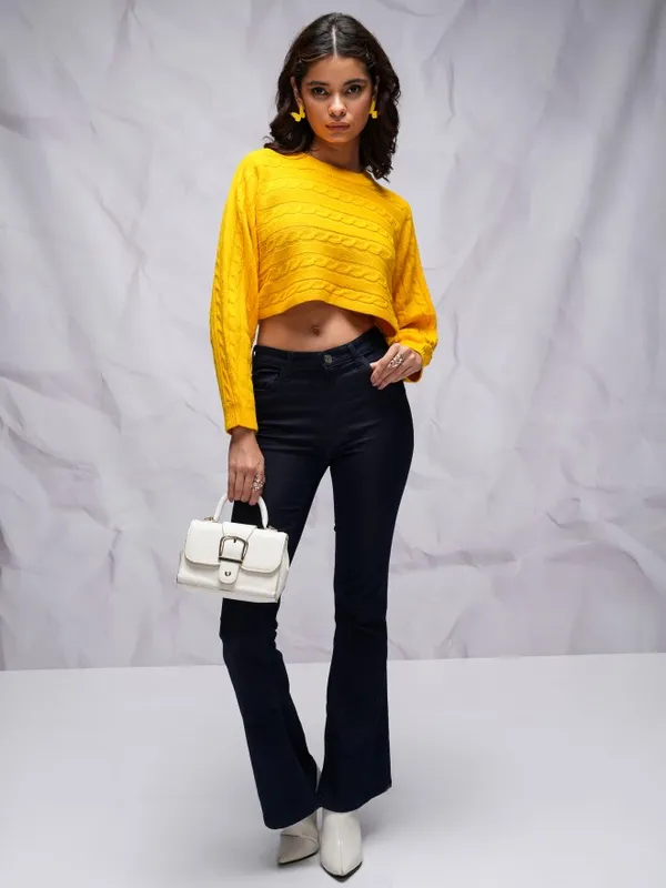 Tokyo Talkies Women Yellow Round Neck Sweater