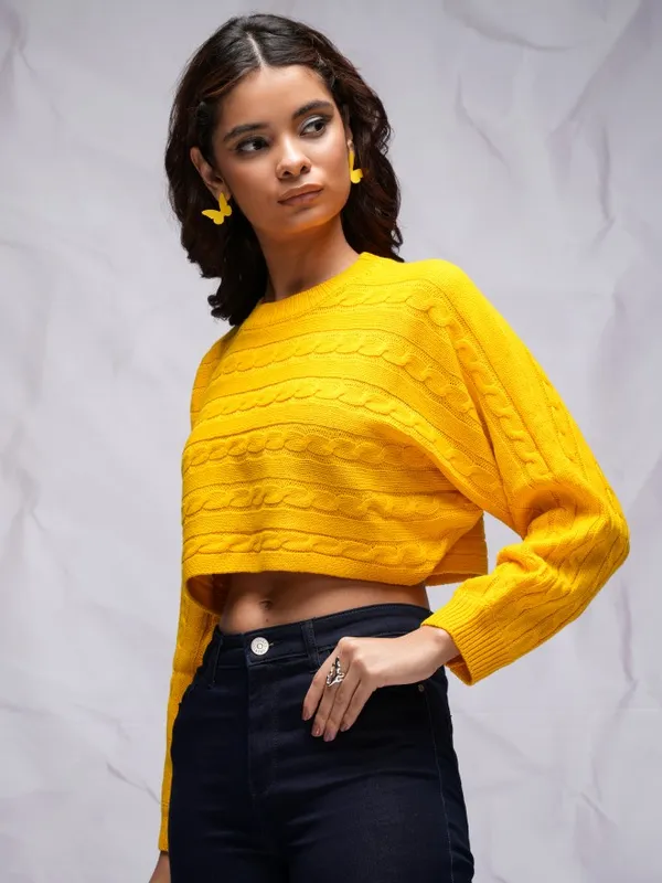 Tokyo Talkies Women Yellow Round Neck Sweater