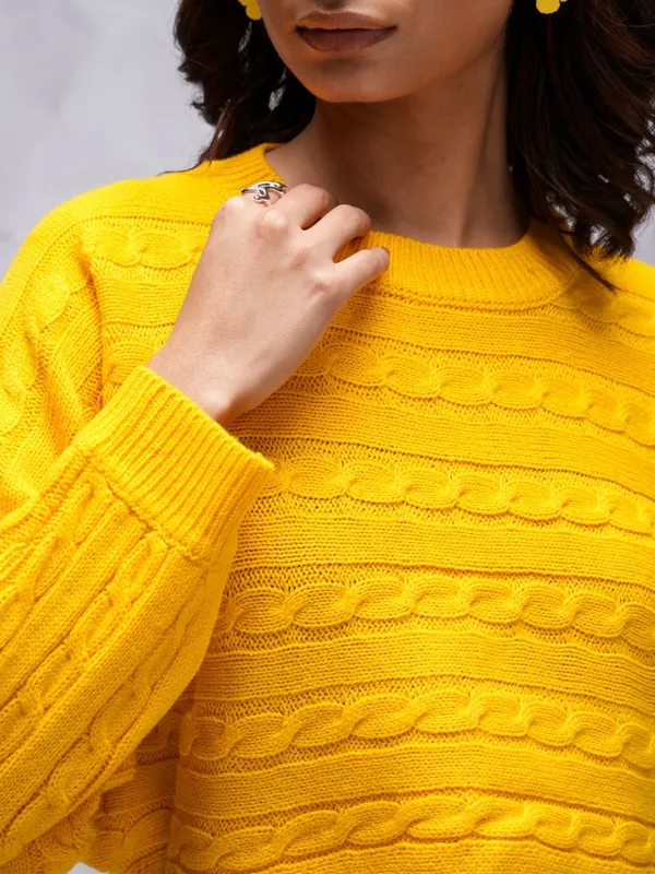 Tokyo Talkies Women Yellow Round Neck Sweater