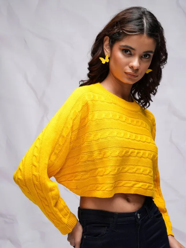 Tokyo Talkies Women Yellow Round Neck Sweater