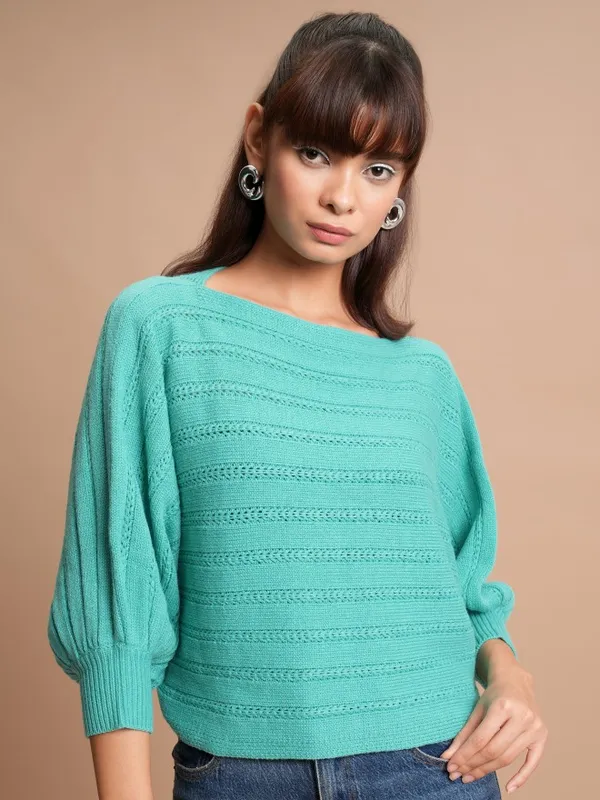  Tokyo Talkies Women Teal Boat Neck Sweaters