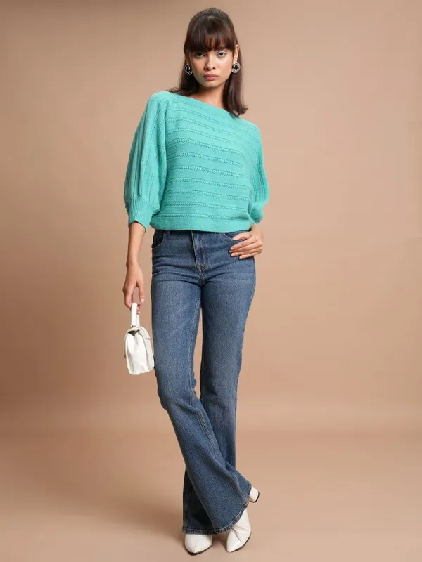  Tokyo Talkies Women Teal Boat Neck Sweaters