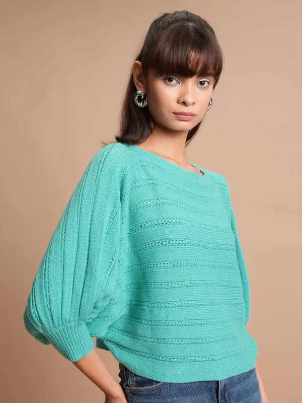  Tokyo Talkies Women Teal Boat Neck Sweaters