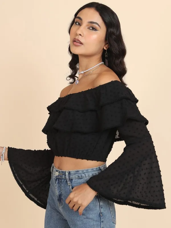 Tokyo Talkies Women Black Self Design Bardot Top