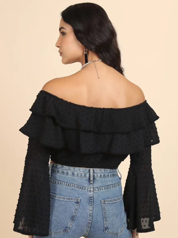 Tokyo Talkies Women Black Self Design Bardot Top