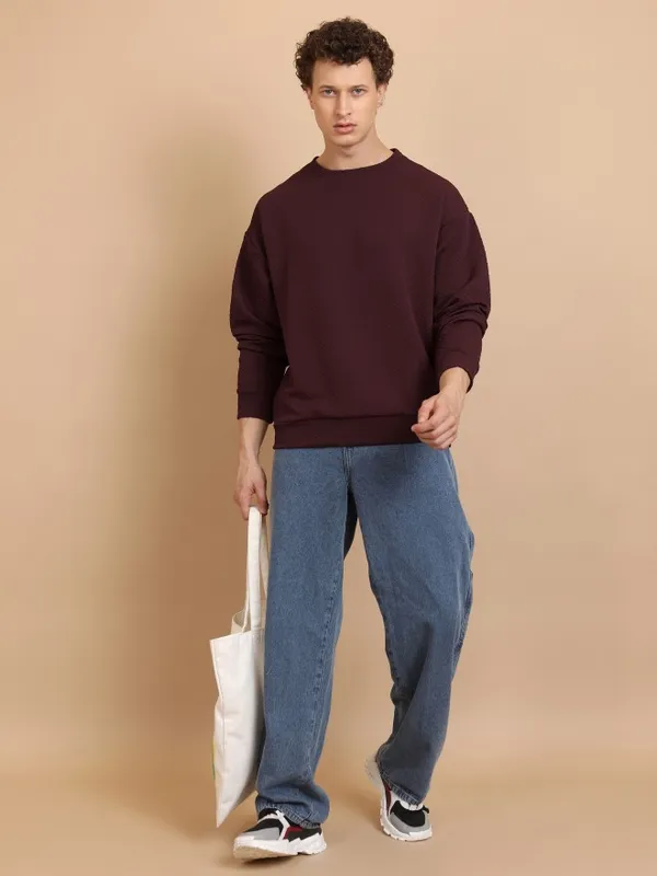  Highlander Men Burgundy Round Neck Pullover Sweatshirts