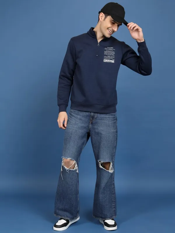 Highlander Men Navy Blue High Neck Pullover Sweatshirt