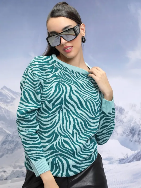 Tokyo Talkies Women Teal Round Neck Sweaters