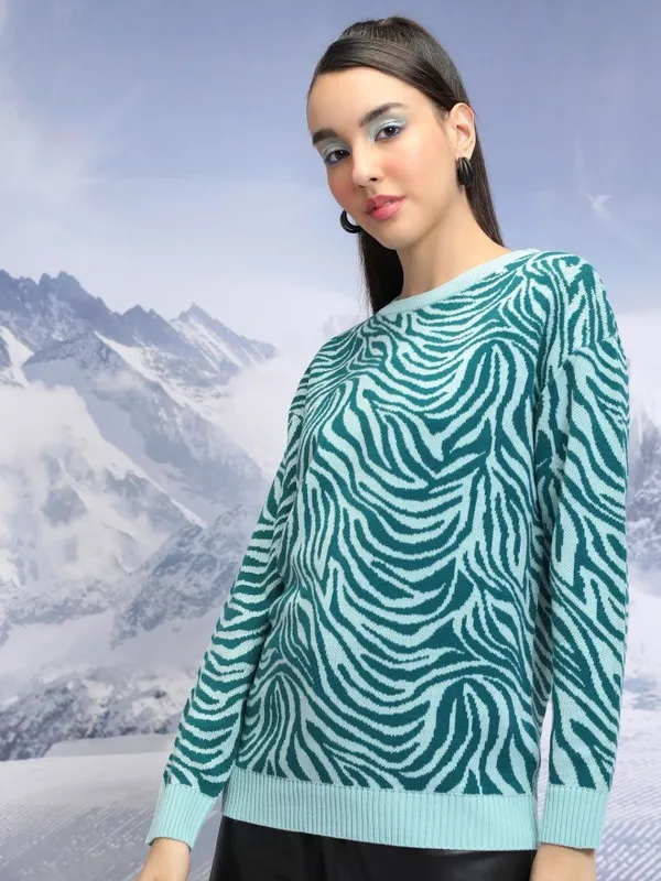 Tokyo Talkies Women Teal Round Neck Sweaters