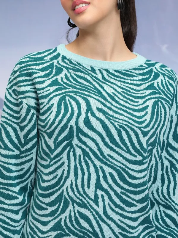 Tokyo Talkies Women Teal Round Neck Sweaters