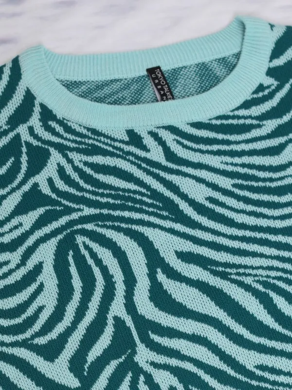 Tokyo Talkies Women Teal Round Neck Sweaters