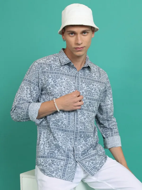  Ketch Men Blue Printed Slim Fit Casual Shirts