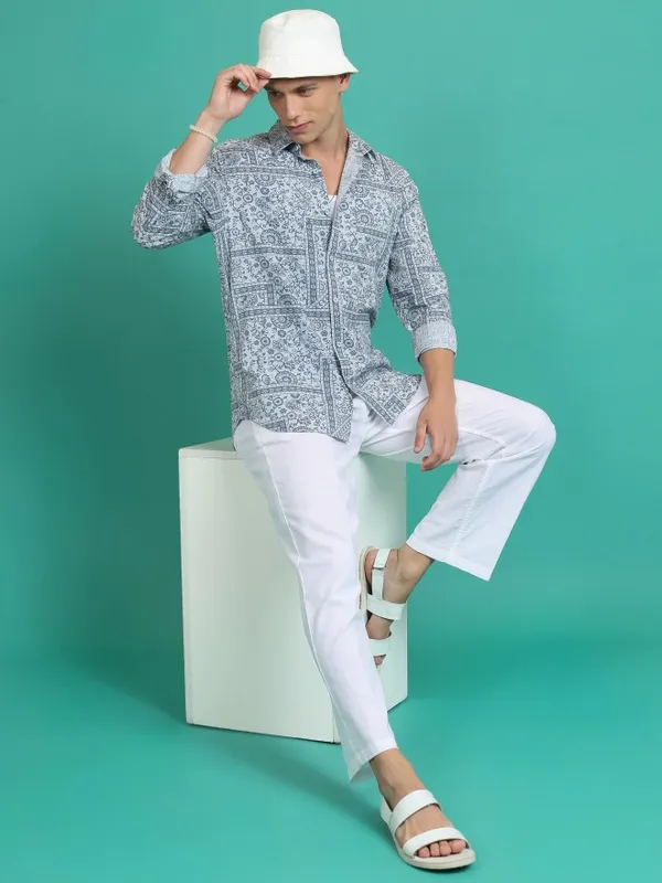  Ketch Men Blue Printed Slim Fit Casual Shirts