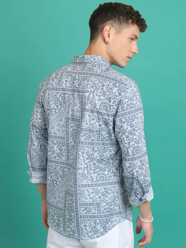  Ketch Men Blue Printed Slim Fit Casual Shirts