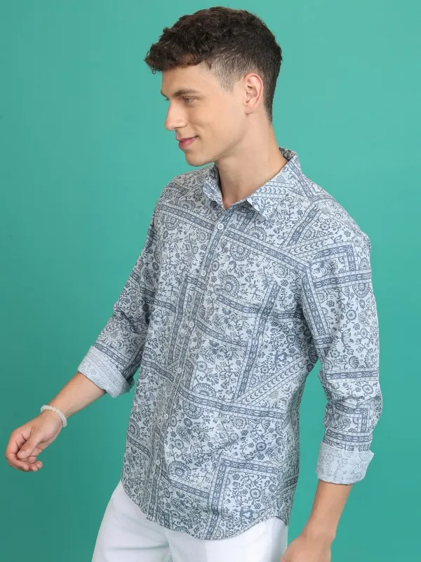  Ketch Men Blue Printed Slim Fit Casual Shirts