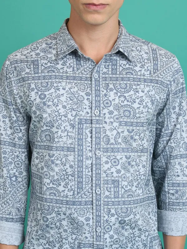  Ketch Men Blue Printed Slim Fit Casual Shirts