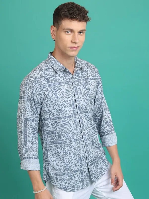  Ketch Men Blue Printed Slim Fit Casual Shirts