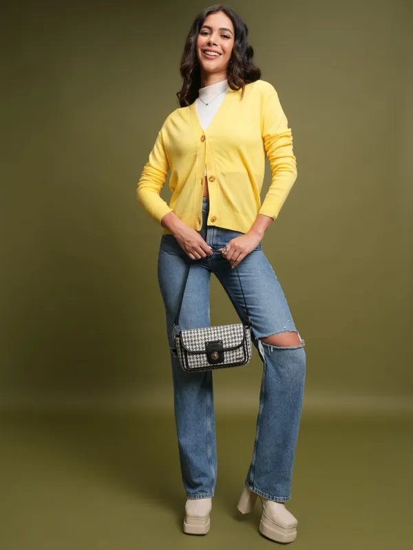  Tokyo Talkies Women Yellow V-Neck Sweaters