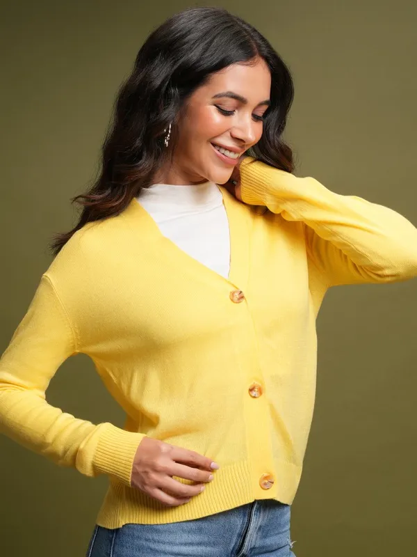  Tokyo Talkies Women Yellow V-Neck Sweaters