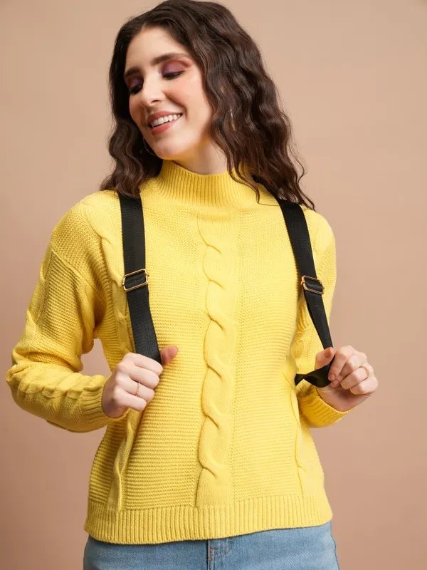 Tokyo Talkies Women Yellow High Neck Sweaters