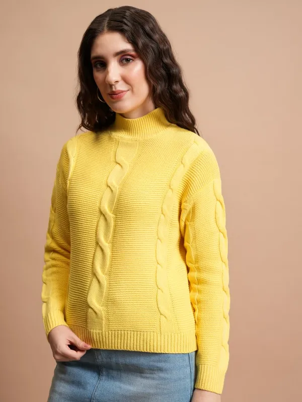 Tokyo Talkies Women Yellow High Neck Sweaters