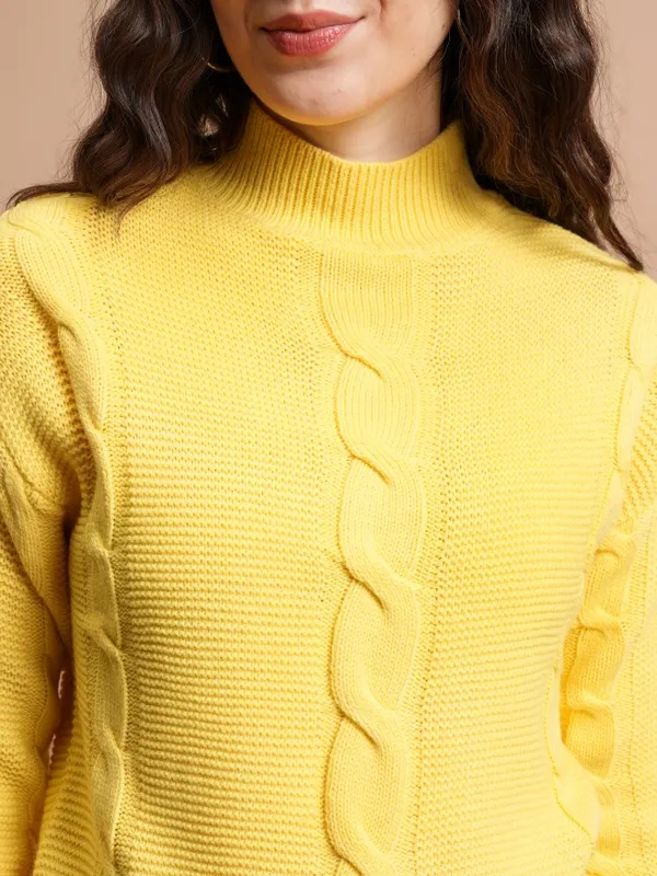 Tokyo Talkies Women Yellow High Neck Sweaters