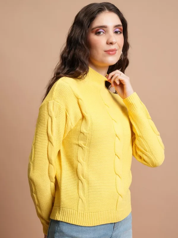 Tokyo Talkies Women Yellow High Neck Sweaters