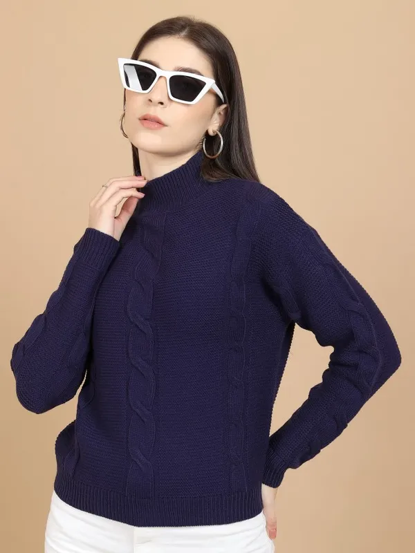  Tokyo Talkies Women Navy Blue High Neck Sweaters