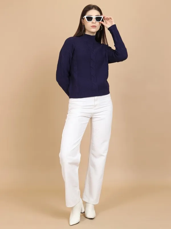  Tokyo Talkies Women Navy Blue High Neck Sweaters