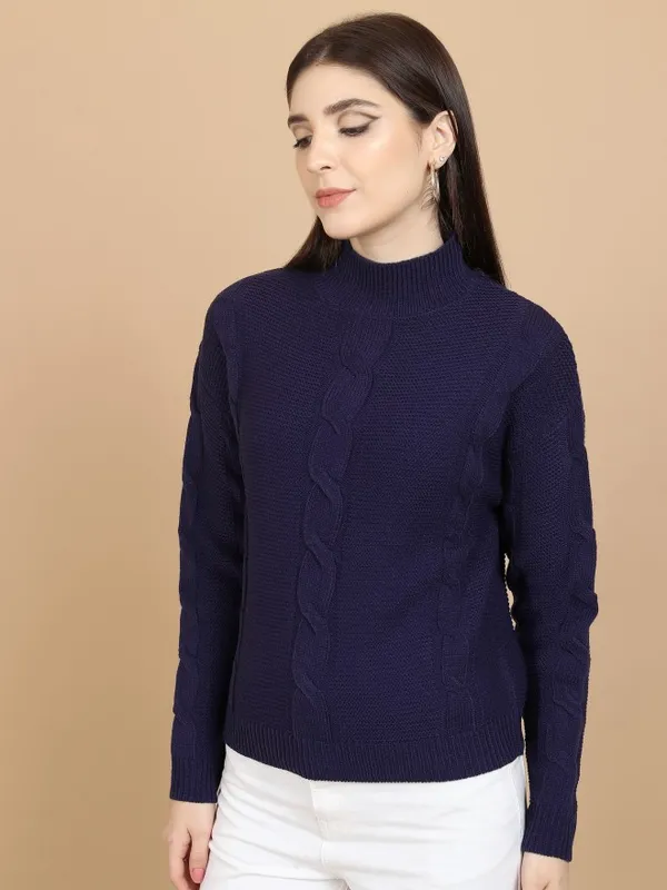 Tokyo Talkies Women Navy Blue High Neck Sweaters