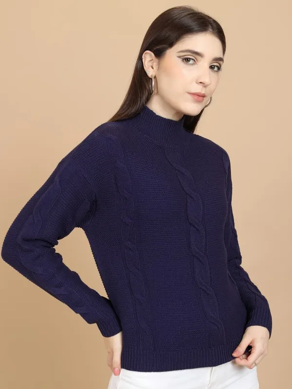  Tokyo Talkies Women Navy Blue High Neck Sweaters